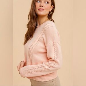 Coral peach eyelet cable knit dolman sleeve sweater boho bohemian tunic top
